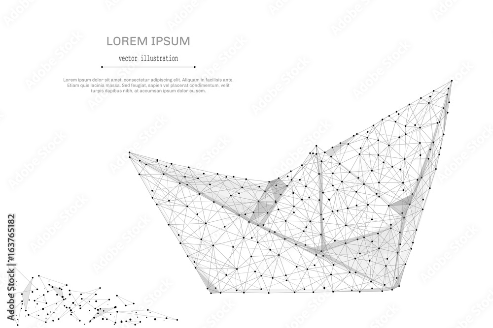 Poster abstract mash line and point paper boat on white background with an inscription. starry sky or space