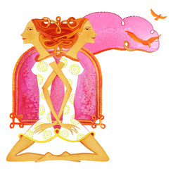 Symbol of the Gemini astrological sign, Two barefoot girls in white dresses with their hair and hands clasped sit back to back against an ornamental background.