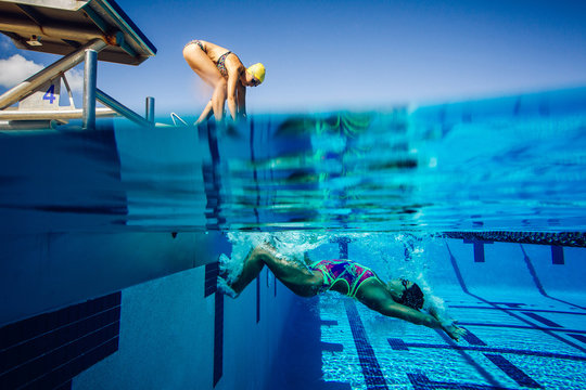 Swimmer On Diving Board And Swimmer In Pool