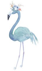 Watercolor blue flamingo with floral wreath. Hand-drawn illustration