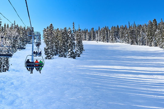 Rear view of skiers on ski lift moving up snow covered landscape, Aspen, Colorado, USA