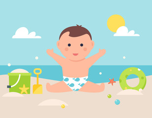 Baby Sitting on Sandy Beach with Toys and Pool Tube