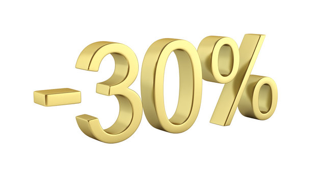 Gold text 30 percent off on white background without shadow 3D render