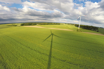 Aerial view of summer field with wind turbines, Poland