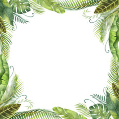 Fototapeta premium Watercolor frame tropical leaves and branches isolated on white background.
