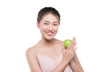 Happy pretty young woman show apple benefit to health, asian beauty