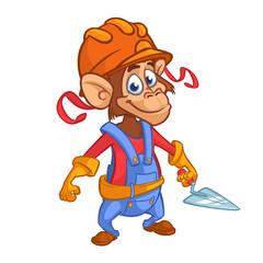 Cartoon construction worker monkey with a trowel. Vector illustration 