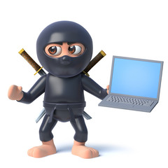 Funny cartoon 3d ninja assassin character holding a laptop pc device © Steve Young