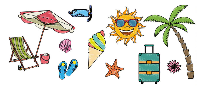 Urlaub Sommer Icons Sammlung Set Zeichnung Vektor
