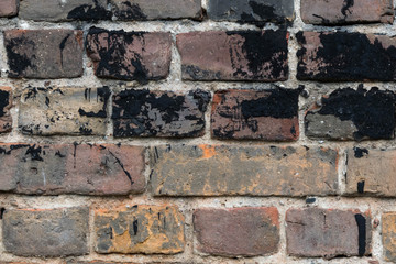 Red old worn brick wall with black spots texture background.