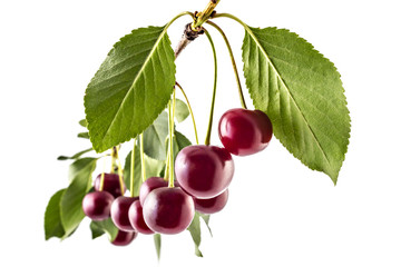 Fresh ripe organic sour cherries on branch with leaves, isolated on a white background