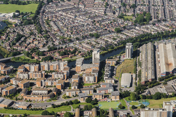 Obraz premium Aerial View of the Welsh capital city of Cardiff from a helicopter captured on 12.08.2015