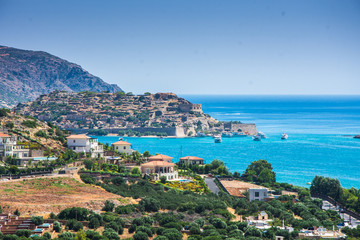 Fototapeta na wymiar Panoramic view of the town Elounda, Crete, Greece.Paradice view of Crete island with blue water. Panoramic view of Elounda nature