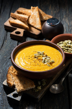 pumpkin soup with toasts, vertical