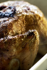Closeup of tasty appetizing grilled chicken with crust. Macro. Selective focus. Toning.