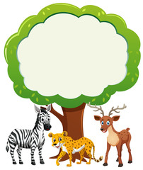 Obraz na płótnie Canvas Border template with wild animals under tree