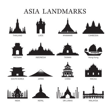 Asia Landmarks Architecture Building Silhouette Set
