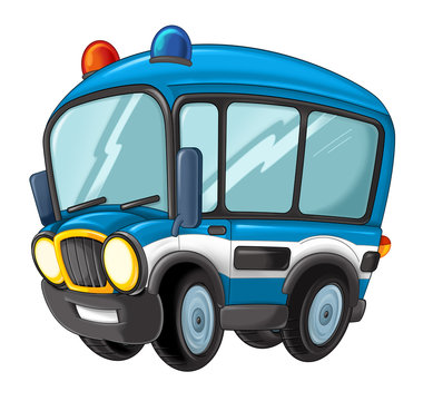 cartoon funny looking police bus - isolated truck / vehicle 