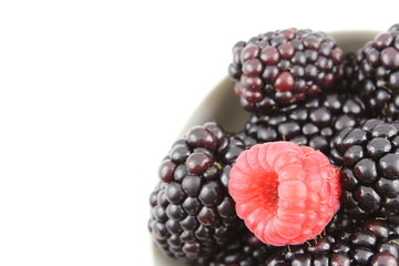 fresh blackberry and red raspberry fruits in a small white bowl