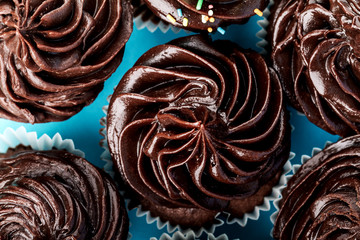 Many small cute chocolate cupcakes for party or birthday on blue background. Top View.