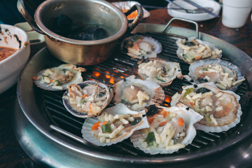 Grilled fresh seafood, Cooking BBQ seafood on fire