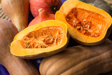 Autumnal harvest of yellow, orange, green pumkins full and cut
