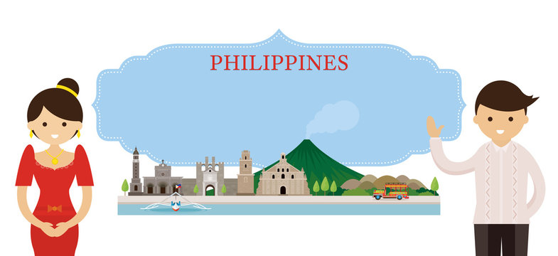 Philippines Landmarks And People In Traditional Clothing