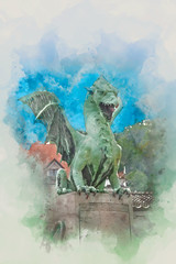 Dragon on  Dragon bridge, Zmajski most, Ljubljana, Slovenia , digital watercolor illustration
