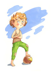 Watercolor illustration. Smiled boy is standing with ball