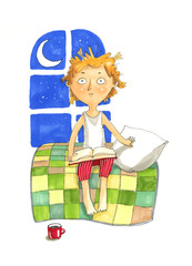 Watercolor illustration. The boy is reading a book late at night