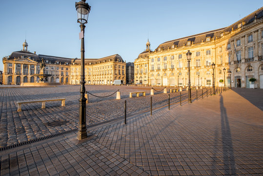 View on the famous La Bourse square with fountain during the morning in Bordeaux city, France