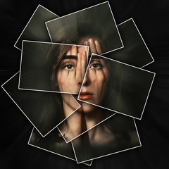 Surreal portrait of a young girl covering her face and eyes with her hands, face shines through hands, face is divided into many parts by cards , double exposure