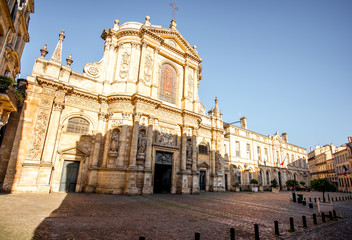 Naklejka premium Street view with the old church in Bordeaux city, France