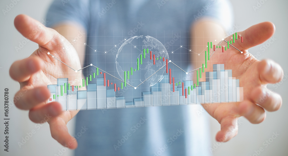 Poster businessman using digital 3d rendered stock exchange stats and charts