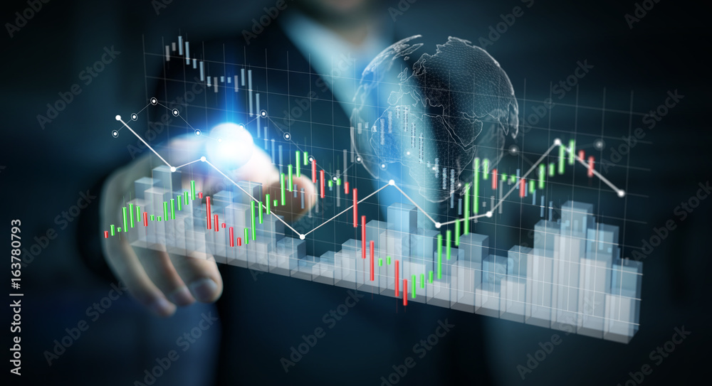 Aufkleber Businessman using digital 3D rendered stock exchange stats and charts