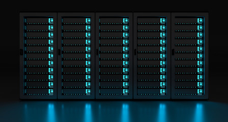Dark server room data center storage 3D rendering - obrazy, fototapety, plakaty