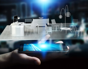 Businessman holding white 3D rendering apartment