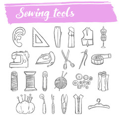 sewing and knitting tools doodle icon set