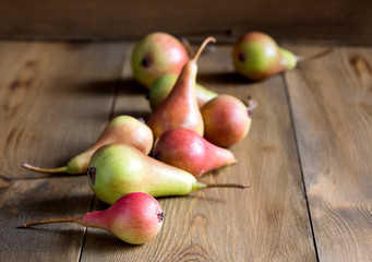 Pears on a rustic wooden background Beautiful fruit Copy space