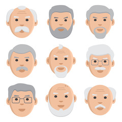 Flat set of old men, avatar, vector illustration