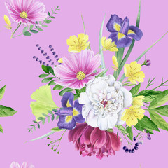 Beautiful watercolor floral peony seamless pattern