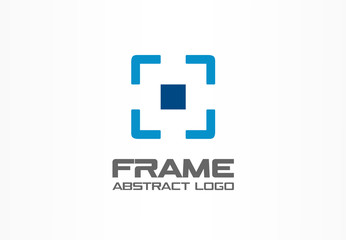 Obraz premium Abstract logo for business company. Corporate identity design element. Camera focus, frame center, crosshair logotype idea. Photo studio, square goal, target zoom concept. Colorful Vector icon