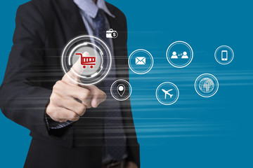 business hand point cart shopping online payment e-commerce internet technology market concept.