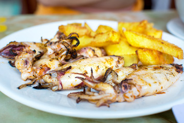 Grilled squid with french fries on a plate