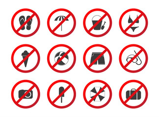 Set of travel prohibition icons, beach restriction signs, icon set for your infographic, holiday symbols isolated on white background