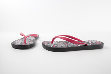 Female Black and Pink Slipper on White Background, Isolated Product, Top View, studio.