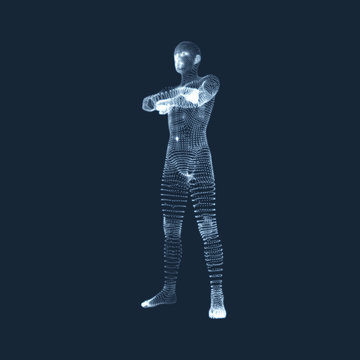 Man Stands on his Feet. 3D Model of Man. Human Body Model. View of Human Body. Vector Graphics Composed of Particles.