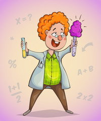 Boy scientist surprised by discovery. Cartoon character. Vector illustration