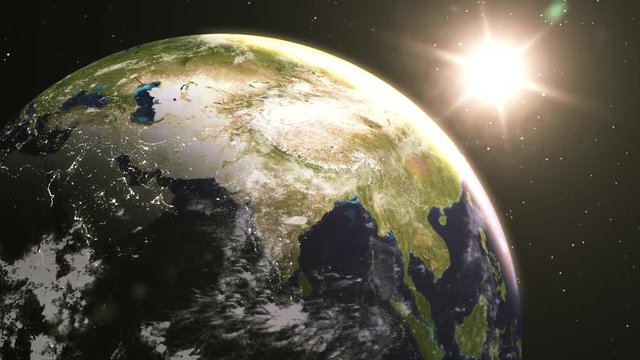 Highly detailed epic sunrise planet earth with night time city. 3D Rendering animation using satellite imagery (NASA)