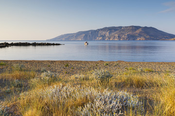 Landscape of Skyros island as seen from a beach near Molos, Greece.
